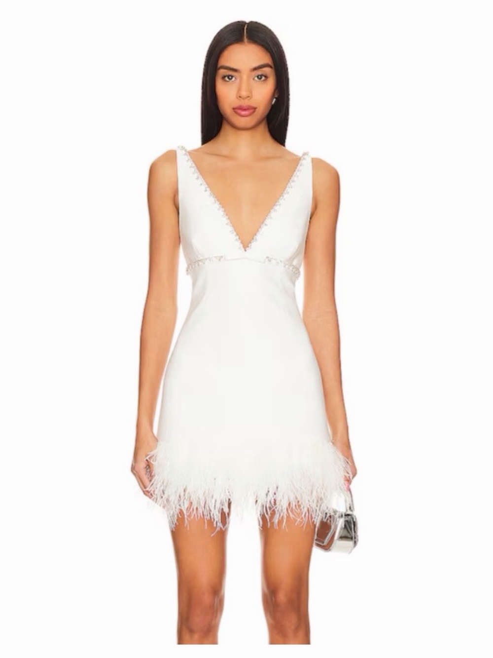 Likely NORA DRESS White V-Neck Feather-Trim Mini Dress